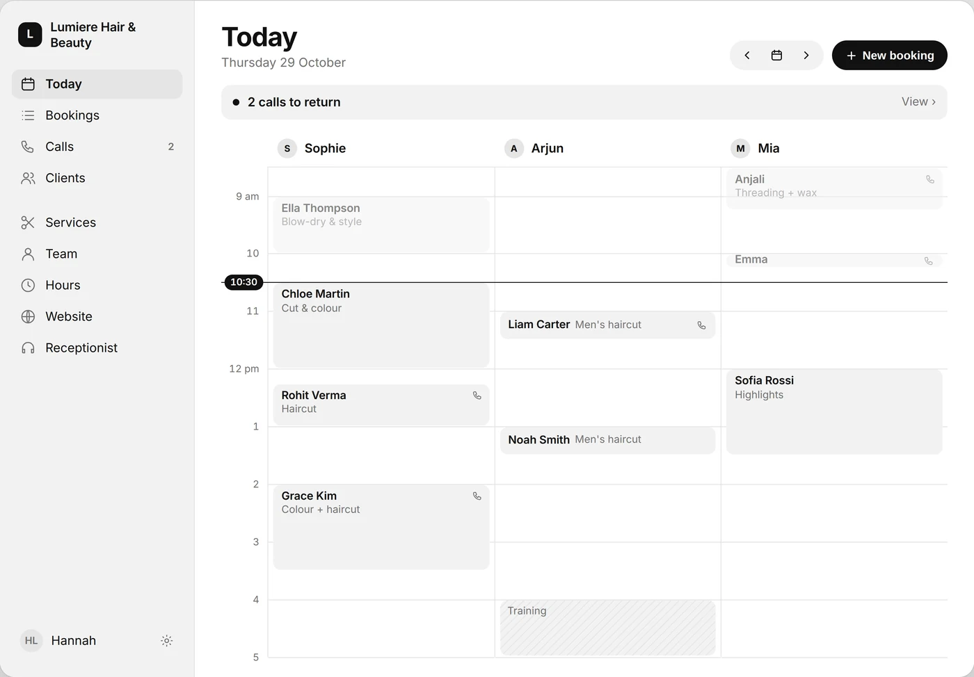 The Coiffe dashboard: Thursday's bookings for each stylist, with two calls to return