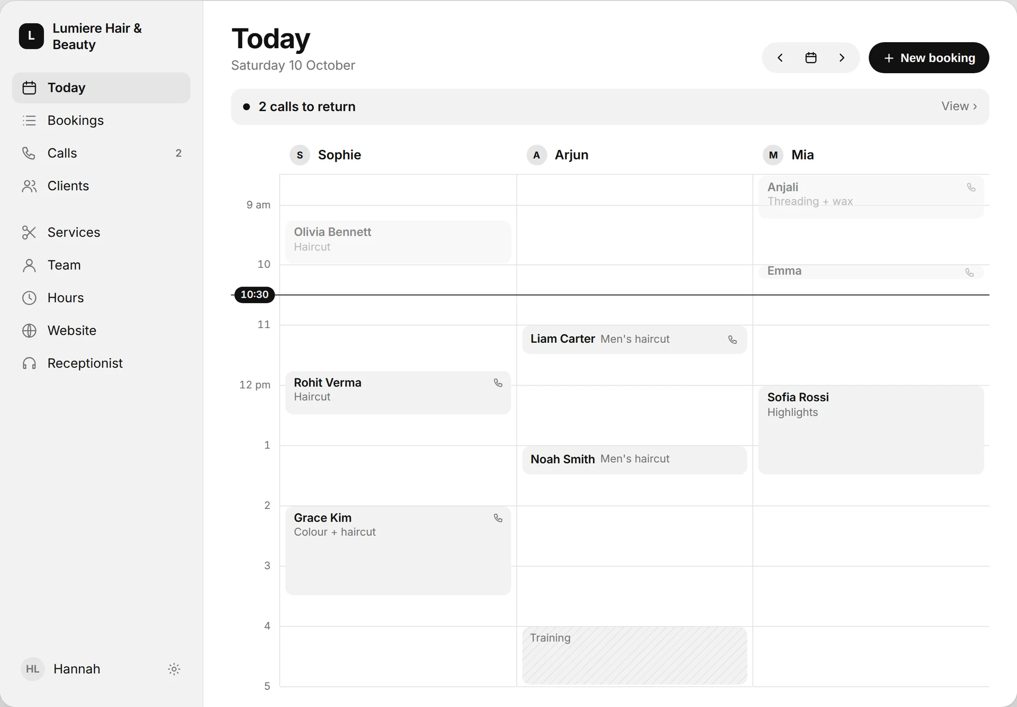 The Coiffe dashboard: today's bookings for each stylist, with two calls to return
