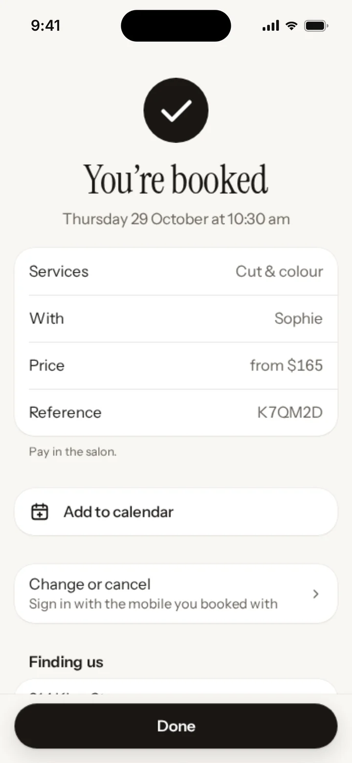 You’re booked: Thursday 29 October at 10:30 am, cut and colour with Sophie, with Add to calendar and a way to change or cancel