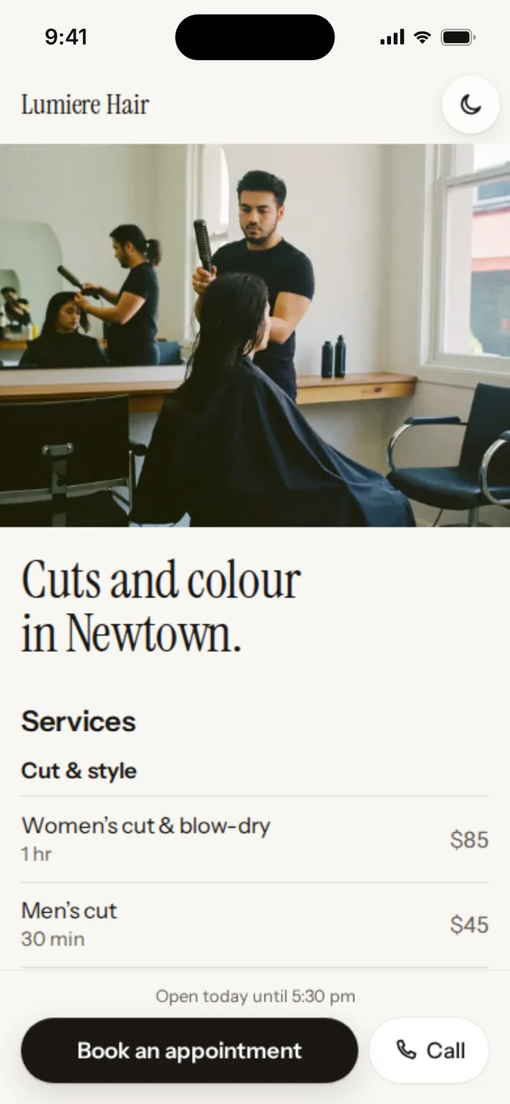 An example salon website made with Coiffe on a phone: Lumiere Hair, cuts and colour in Newtown, with a photo, services and prices, and a button to book