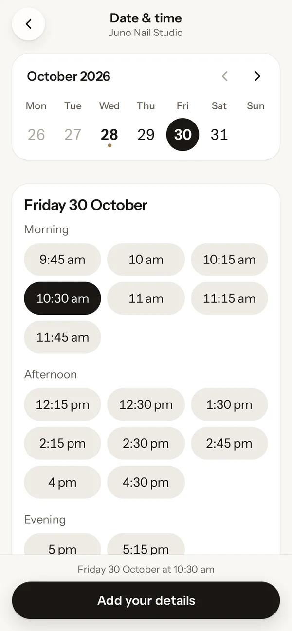 Booking on an example nail studio's website: choosing Friday 30 October at 10:30 am