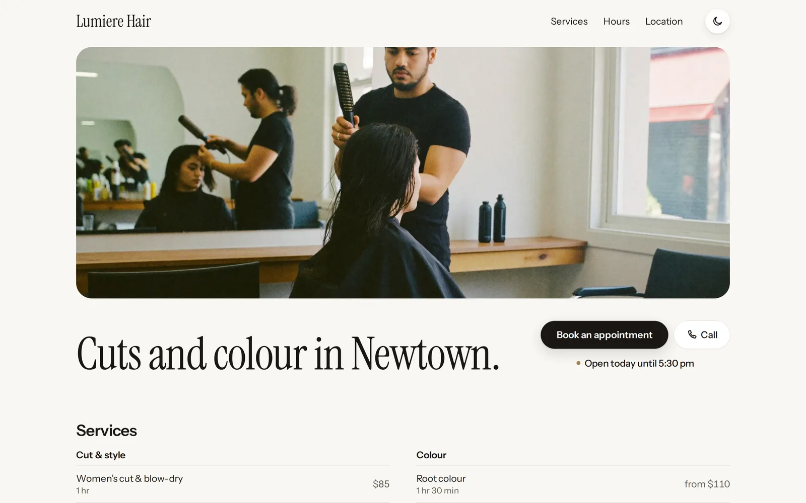 An example salon website made with Coiffe: Lumiere Hair, with a photo of the salon, its services and prices, and a button to book