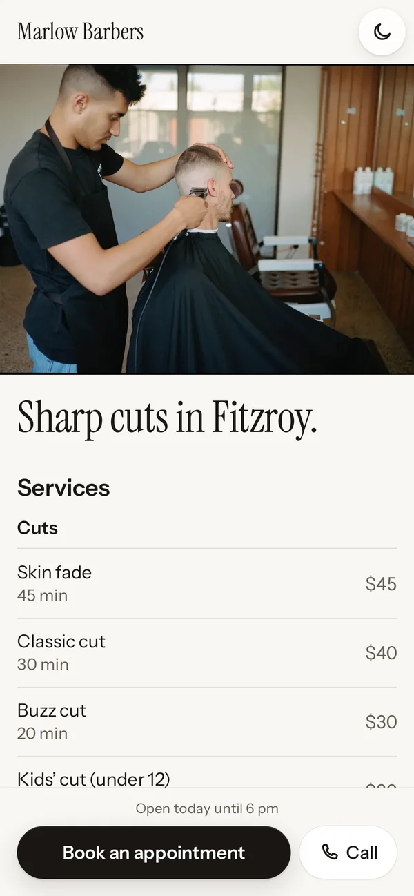 An example barber's website on a phone: Marlow Barbers, Sharp cuts in Fitzroy, with prices
