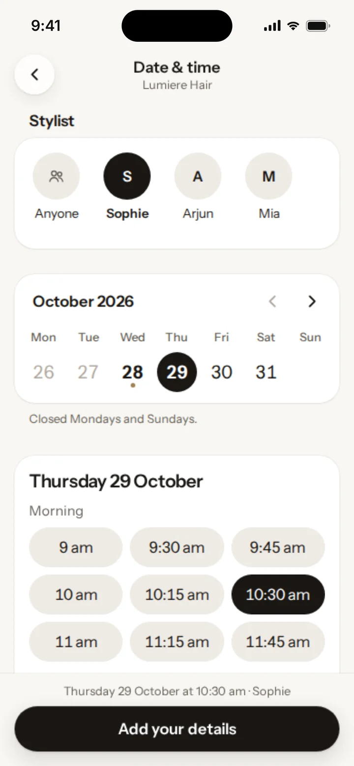 Booking on the example website: Sophie chosen, Thursday 29 October, 10:30 am